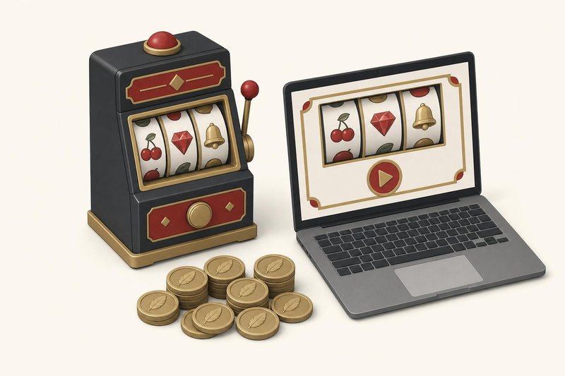 Illustration of a small slot machine next to a laptop playing the same reels, with a pile of practice tokens