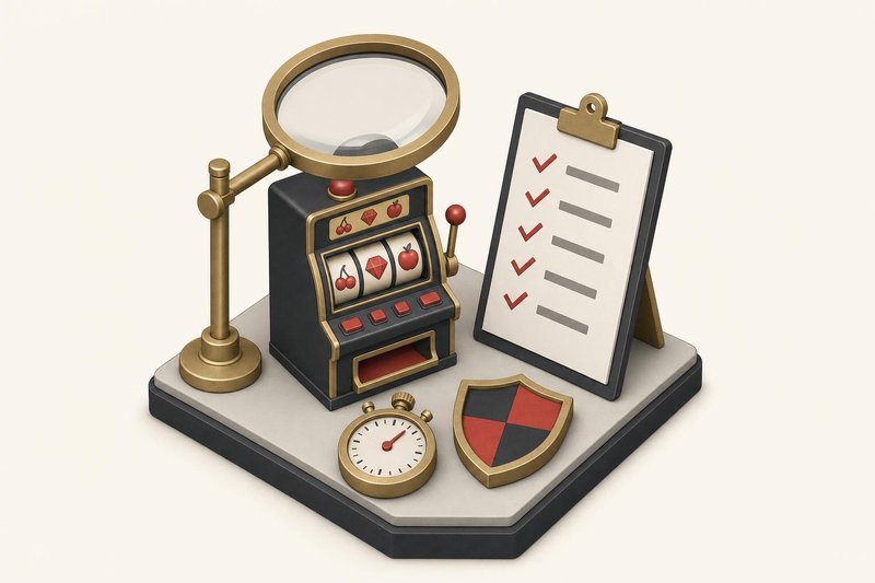 Illustration of a slot machine under a magnifying glass next to a checklist, a stopwatch and a shield