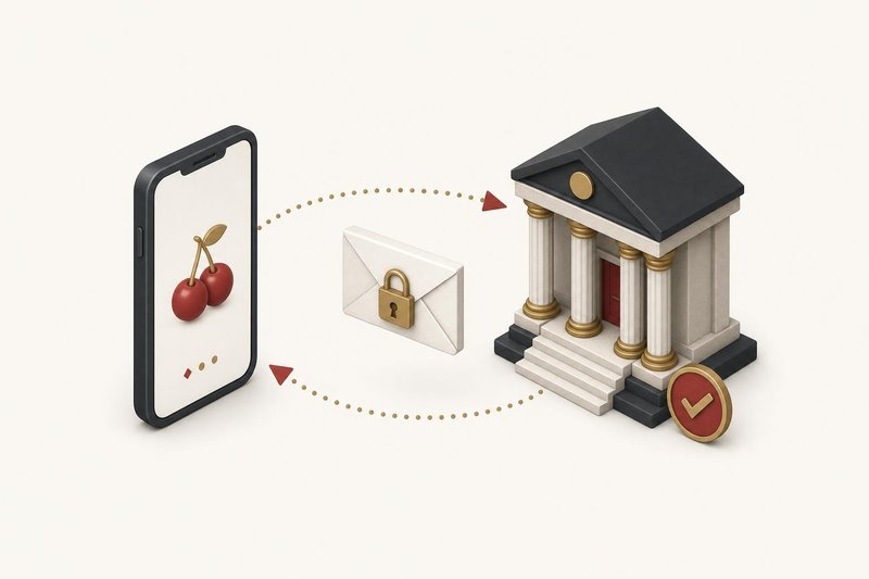 Illustration of a phone and a bank exchanging a locked envelope in both directions