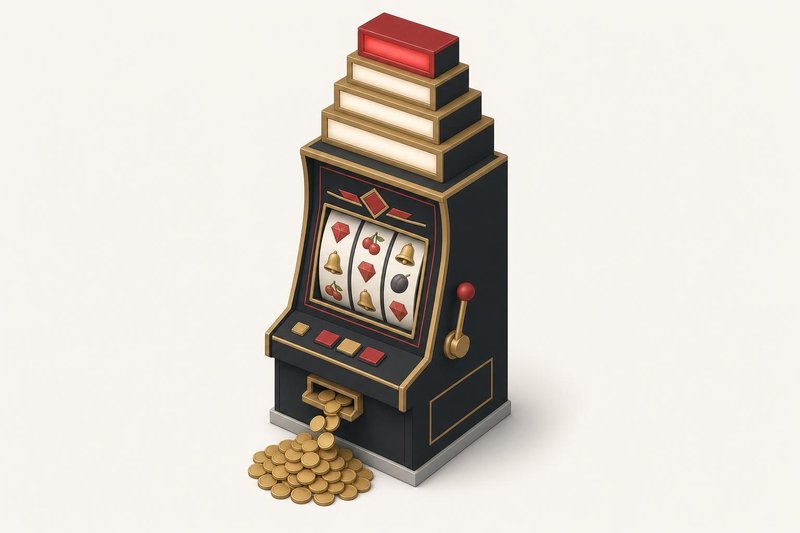 Illustration of a slot machine with a four-tier jackpot tower on top and coins spilling from the tray