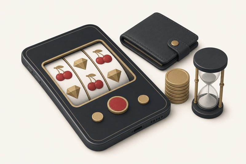 Illustration of a phone showing slot reels beside a wallet, a stack of coins and an hourglass
